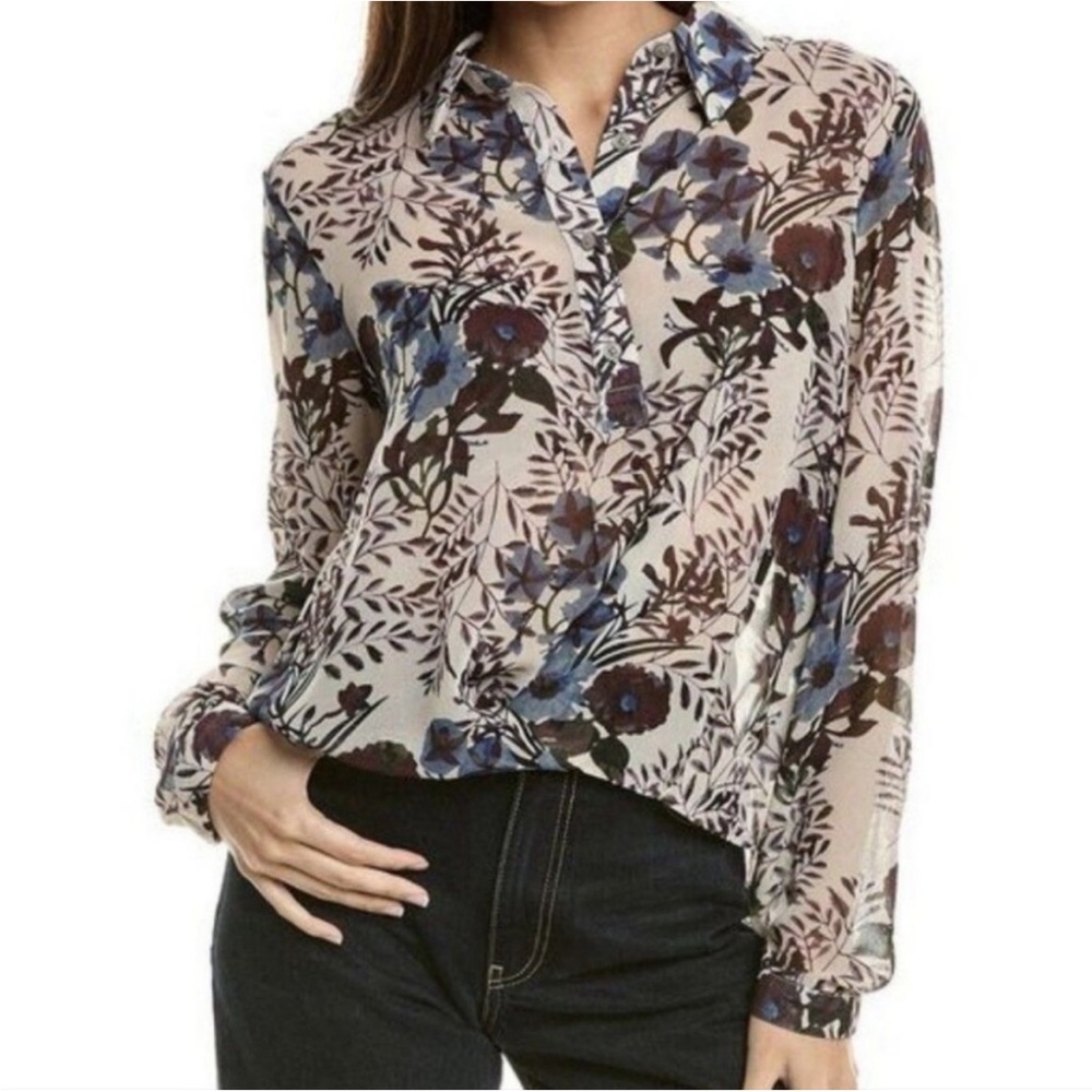 CAbi Victoria Floral Sheer Blouse - Blue and Cream